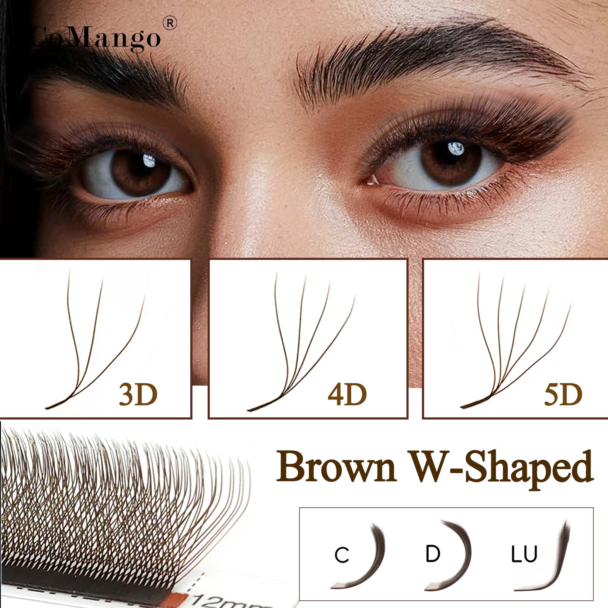 Eyelash Extension Volume Styles - CoMango ขนตาปลอมต่อขนตา C/D/LU สีน้ำตาล 3D/4D/5D รูปตัว
